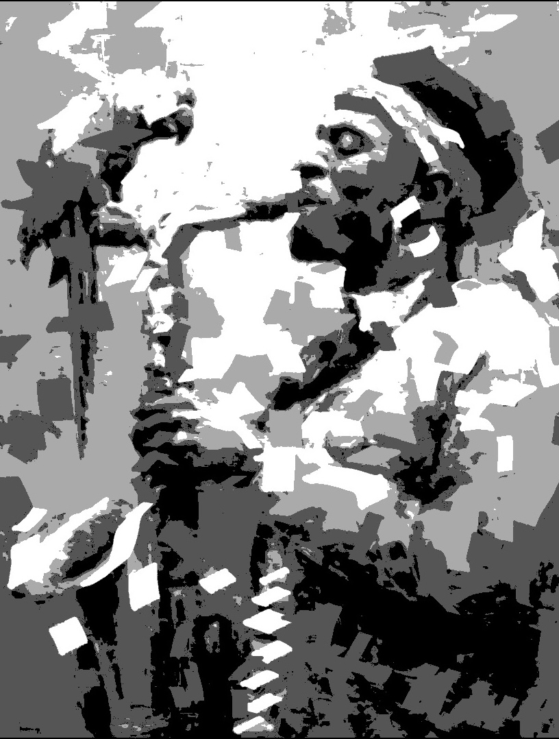 Abstract black and white portrait composed of geometric value shapes