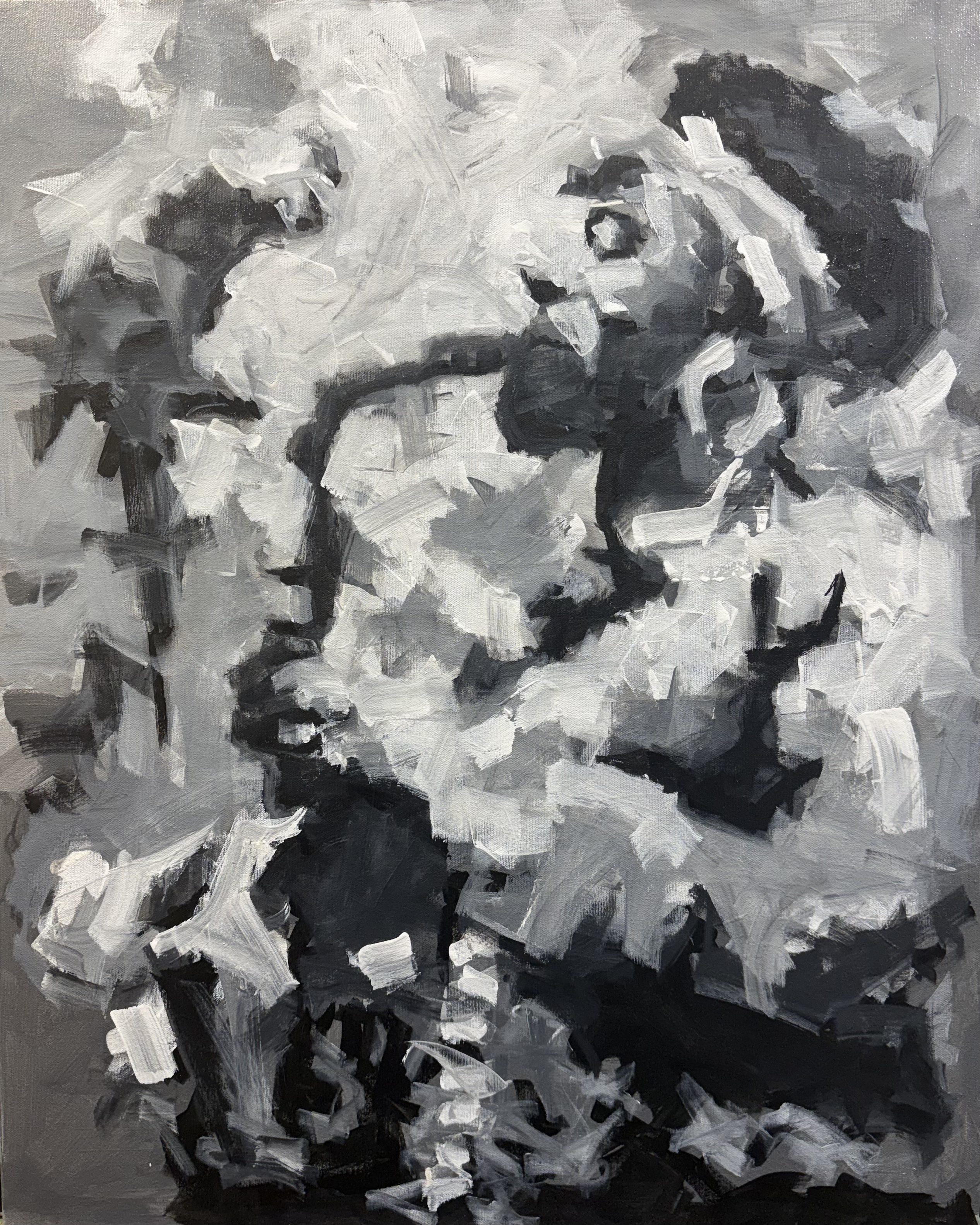 Expressive black and white figure painting with bold brushstrokes