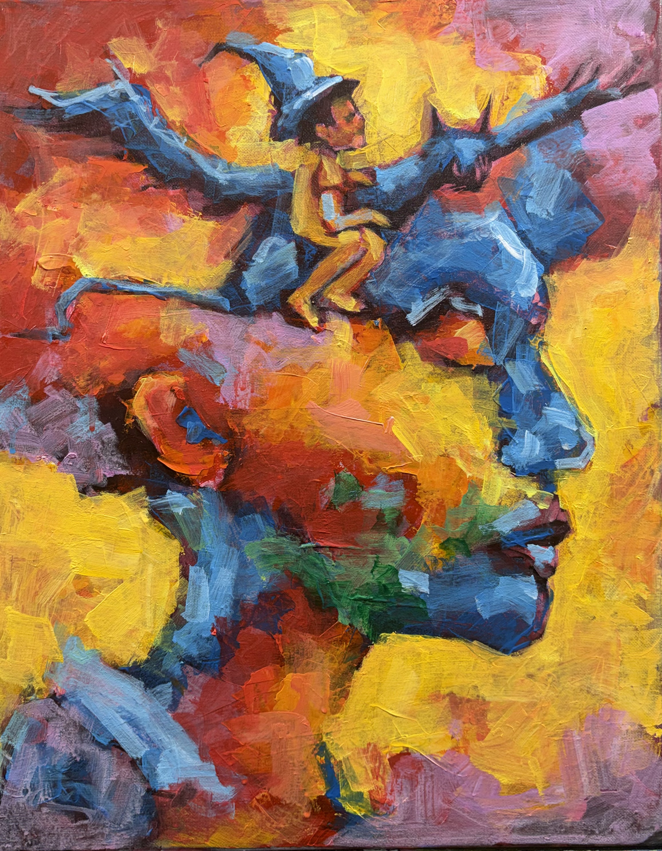 Colorful expressionist painting of a figure riding a bull above a face