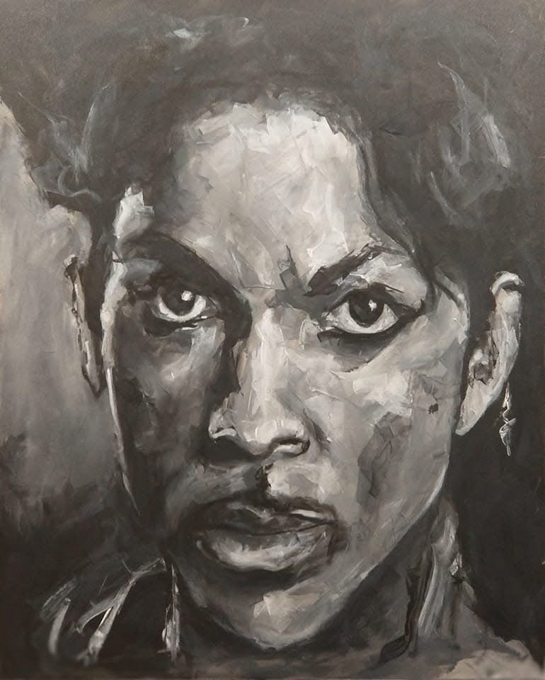 Black and white portrait painting with bold contrast and textured brushwork