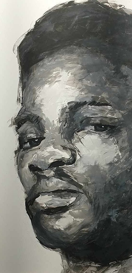 Grayscale portrait painting in expressive brushstrokes